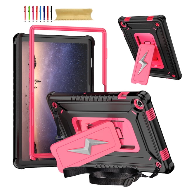 Kids Friendly Case for Samsung Galaxy Tab A9 8.7" 2023 SM-X110 / SM-X115 with Kickstand & Crossbody Strap, Heavy Duty Shockproof Three Layer Protective Rugged Cover for Tab A9, Blackrose