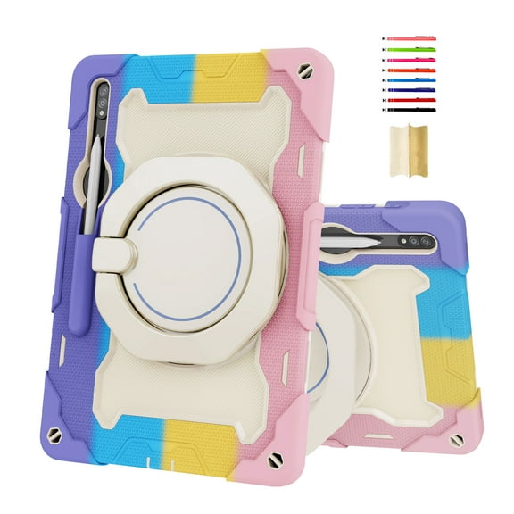 Kids Friendly Case for Samsung Galaxy Tab S9 Plus 12.4" 2023 SM-X810 with Portable Handle Folding Kickstand, Heavy Duty Cover with Pencil Holder Shockproof Four-Corners Protective Case, Rainbowpink