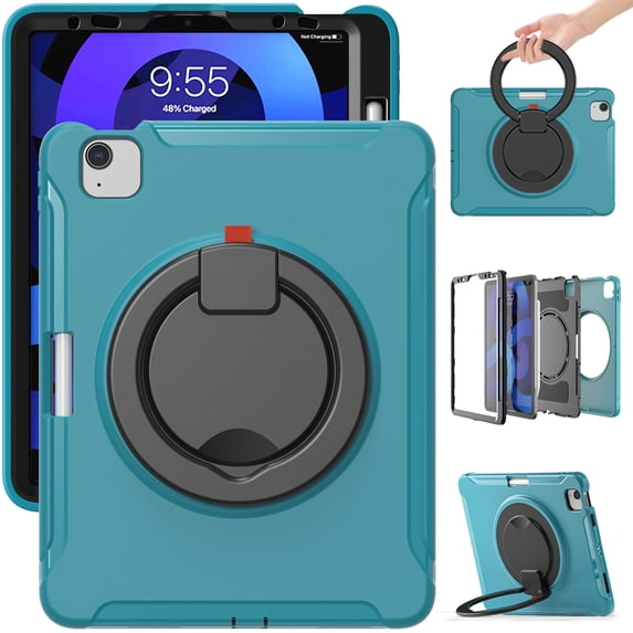 Kids Friendly Case for iPad Air 11" 2024 2025/Pro 11 2022 2021 2020 2018/Air 4/Air 5, Rugged Case with Rotating Ring Stand Pencil Holder Heavy Duty Protection Slim Silicone PC, Blue