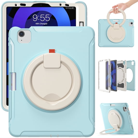 Kids Friendly Case for iPad Air 11" 2024 2025/Pro 11 2022 2021 2020 2018/Air 4/Air 5, Rugged Case with Rotating Ring Stand Pencil Holder Heavy Duty Protection Slim Silicone PC, Icecrystalblue