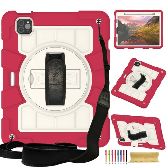 Kids Friendly Case for iPad Pro 11 2022/2021/2020/2018, for iPad Air 5/Air 4 Tablet Case - with Rotatable Wristband Hidden Stand Shoulder Strap Military Grade Shockproof Cover - Red