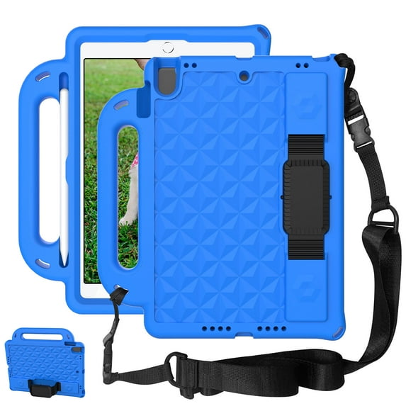 Kids Friendly Handle Case for iPad 9th/ 8th/ 7th Generation, Case for iPad 10.2-Inch 2021/ 2020/ 2019 with Kickstand Hand/ Shoulder Strap Heavy Duty Protection Tablet Case Cover, Blue