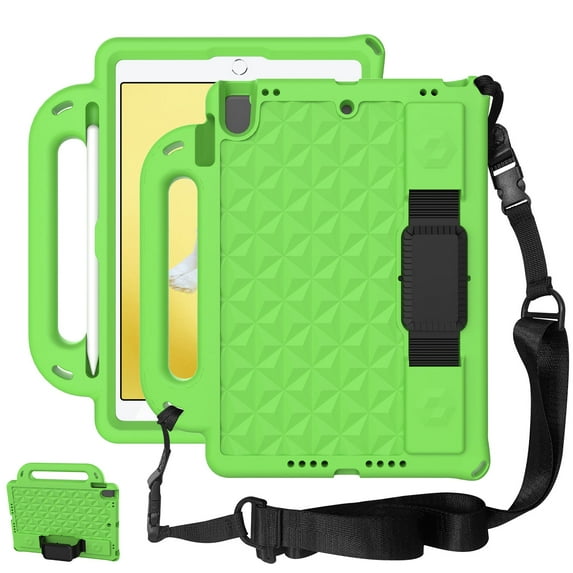 Kids Friendly Handle Case for iPad 9th/ 8th/ 7th Generation, Case for iPad 10.2-Inch 2021/ 2020/ 2019 with Kickstand Hand/ Shoulder Strap Heavy Duty Protection Tablet Case Cover, Green
