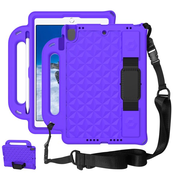 Kids Friendly Handle Case for iPad 9th/ 8th/ 7th Generation, Case for iPad 10.2-Inch 2021/ 2020/ 2019 with Kickstand Hand/ Shoulder Strap Heavy Duty Protection Tablet Case Cover, Purple