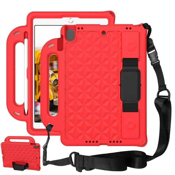 Kids Friendly Handle Case for iPad 9th/ 8th/ 7th Generation, Case for iPad 10.2-Inch 2021/ 2020/ 2019 with Kickstand Hand/ Shoulder Strap Heavy Duty Protection Tablet Case Cover, Red