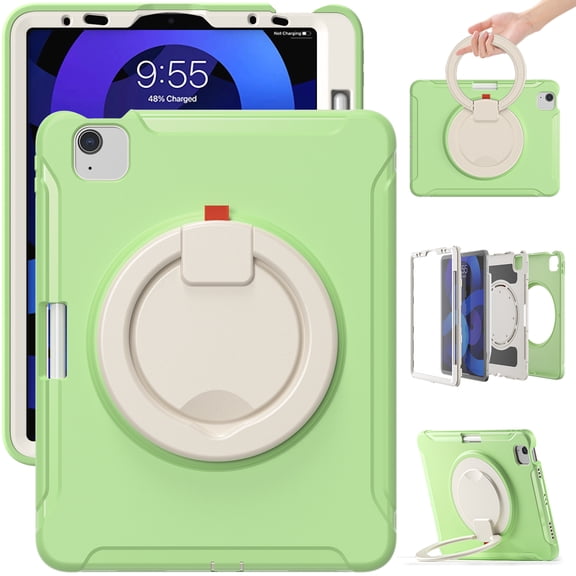 Kids Friendly Hybrid Case for iPad mini 6th Gen 8.3" 2021, Rugged Case with Rotating Ring Stand Pencil Holder Heavy Duty Protection Slim Fit Silicone PC Case for iPad mini 6th Gen, Matchagreen