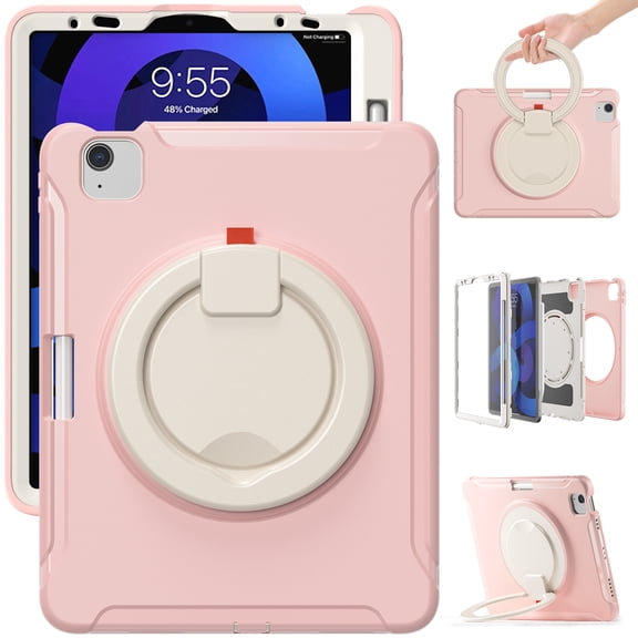 Kids Friendly Hybrid Case for iPad mini 6th Gen 8.3" 2021, Rugged Case with Rotating Ring Stand Pencil Holder Heavy Duty Protection Slim Fit Silicone PC Case for iPad mini 6th Gen, Cherryblossomspink