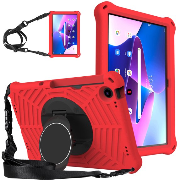 Kids Friendly Rugged Case for Lenovo Tab M10 Plus (3rd Gen) 10.6" 2022, Heat Dissipation Multi-viewing Angle Stand, 360 Degree Rotation Shock-Absorbing Drop Protection Shoulder Strap, Red