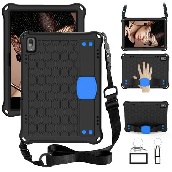 Kids Friendly Tablet Case for Lenovo Tab M10 TB-X505X/F/TB-X605F, Heavy Duty Wristband Shoulder Strap Crossbody Lanyard Cover with Kickstand Military Grade Anti-Drop Shockproof Case,Black+Blue