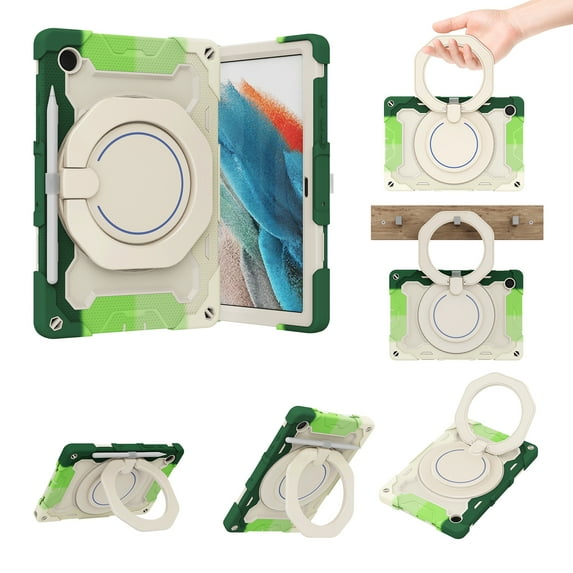 Kids Friendly Tablet Case for Samsung Galaxy Tab A8 10.5" with Portable Handle Folding Kickstand, Heavy Duty Cover with Pencil Holder Shockproof Four-Corners Protective Case, Rainbowgreen