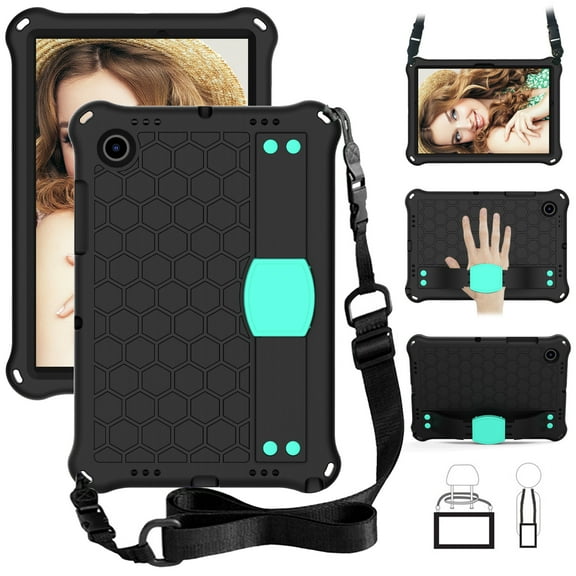 Kids Friendly Tablet Case for Samsung Galaxy Tab A8 10.5" SM-X200/SM-X205, Heavy Duty Wristband Shoulder Strap Crossbody Lanyard Cover with Kickstand Military Grade Anti-Drop Shockproof Ca, Black+Mint