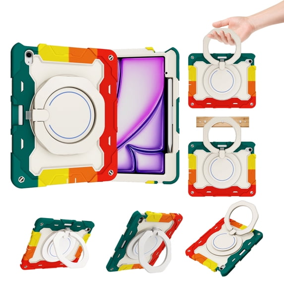 Kids Friendly Tablet Case for iPad Air 11" (2024) with Portable Handle Kickstand, Heavy Duty Cover with Pencil Holder Shockproof Four-Corners Protective Case for iPad Air 11" (2024), Rainbowred