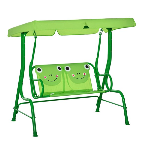 Kids Frog Pattern Porch Swing with Adjustable Sun Canopy and Seatbelts for Ages 3-6 Green