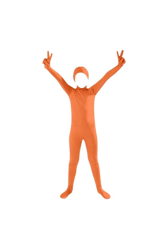 Kids Full-Body Zentai Jumpsuit with Face Opening, Orange Performance Romper for Boys Girls 3-12 Years, Stage Show Dance Party Apparel