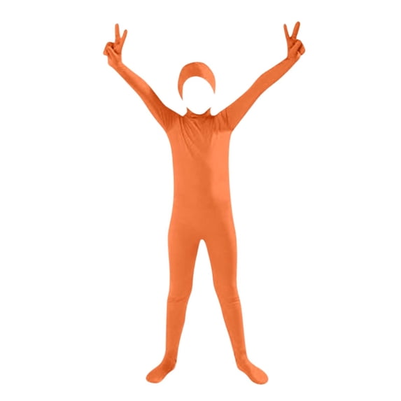 Kids Full-Body Zentai Jumpsuit with Face Opening, Orange Performance Romper for Boys Girls 3-12 Years, Stage Show Dance Party Apparel