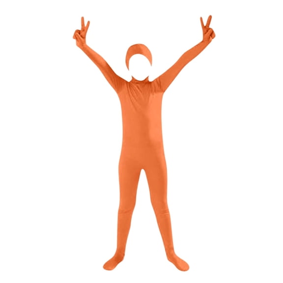 Kids Full-Body Zentai Jumpsuit with Face Opening, Orange Performance Romper for Boys Girls 3-12 Years, Stage Show Dance Party Apparel