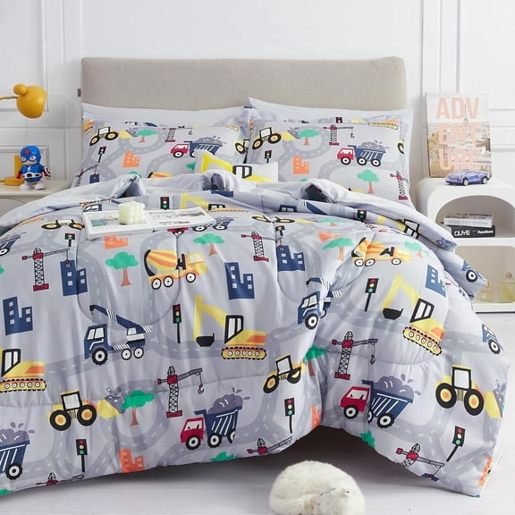 Kids Full Comforter Set for Boys, 8 Piece Excavator Grey Bed in a Bag, Soft Microfiber Bedding Set with Comforter