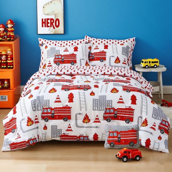 Kids Full Comforter Sets for Boys 8 Pieces Fire Truck White Bedding Set for Teens Soft Microfiber Kids Bed in A Bag with Comforter All Season