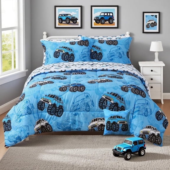 Kids Full Comforter Sets for Boys 8 Pieces Truck Blue Bedding Set for Teens Soft Microfiber Kids Bed in A Bag with Comforter All Season