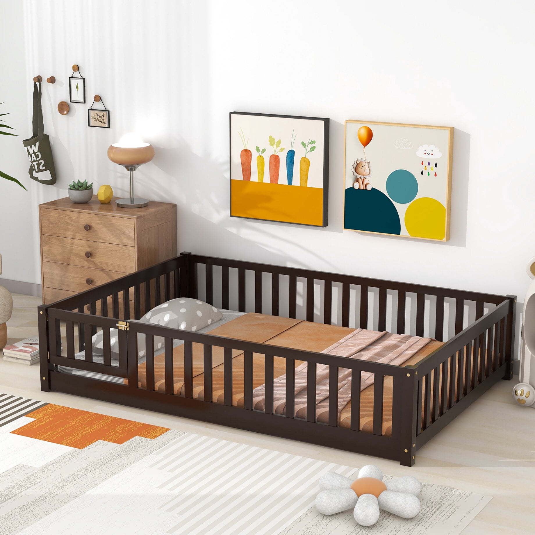 Kids Full Montessori Playpen Floor Bed Frame with Safety Guardrail Fence and Door for Boys Girls Toddlers Baby, 200lbs Load 79.5x41.8x17.5inch, Espresso
