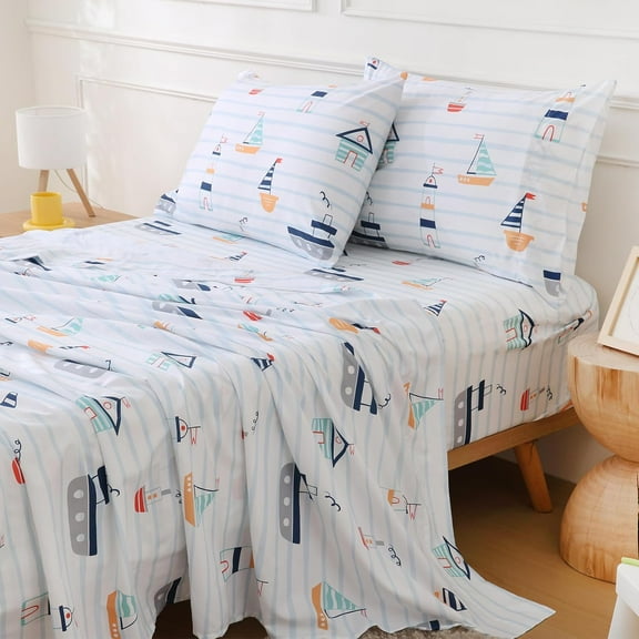Kids Full Size 4 Piece Bed Sheets for Boys Nautical Sailboat Sheet Sets with Pillowcases 15-Inch Deep Pocket Fitted Soft Microfiber Bedding Toddlers Decor Bedroom