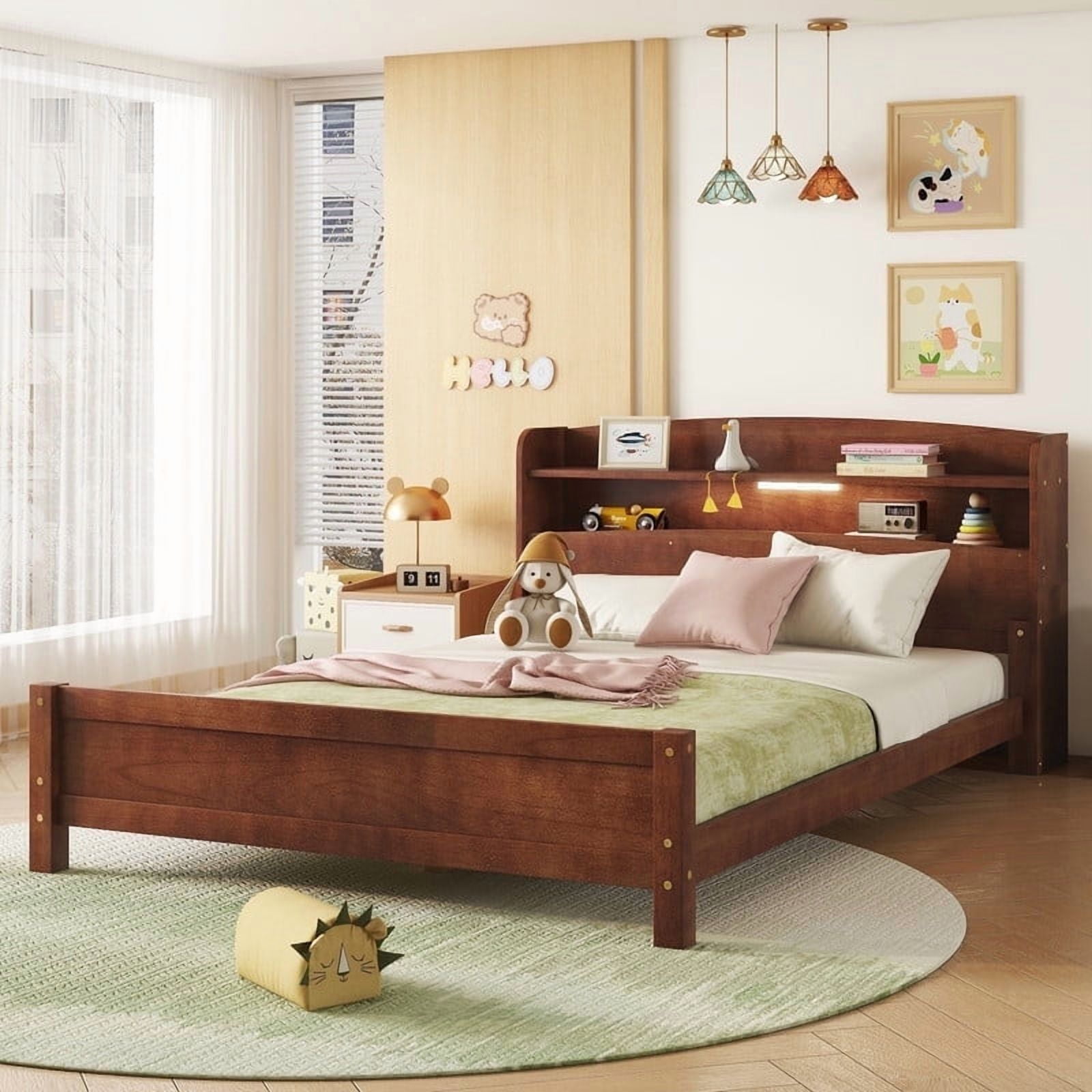 Full Size Bed Frame with Storage , Wood Full Bed with LED Lights and Storage Headboard, Full Size Platform Bed with Slats Support ,No Box Spring Needed, Walnut