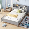 thumbnail image 1 of Kids Full Size Bed Frame with Pine Wood Bookcase Headboard, LED Motion Sensor Night Light & 2 Adjustable Guardrails, No Box Spring Required, Grey, 1 of 9