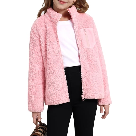 Kids Full Zip Fleece Jacket Soft Plush Stand Collar Outerwear Long Sleeve Lightweight Warm Coat for Girls Boys