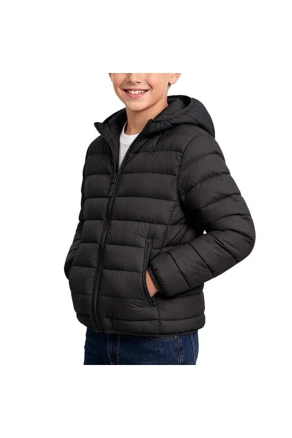 Kids Full Zip Hooded Warm Cotton Jacket Lightweight Packable Quilted Winter Coat, Fall Winter Outerwear with Zipper Pockets for Boys Girls Black 9-10Years