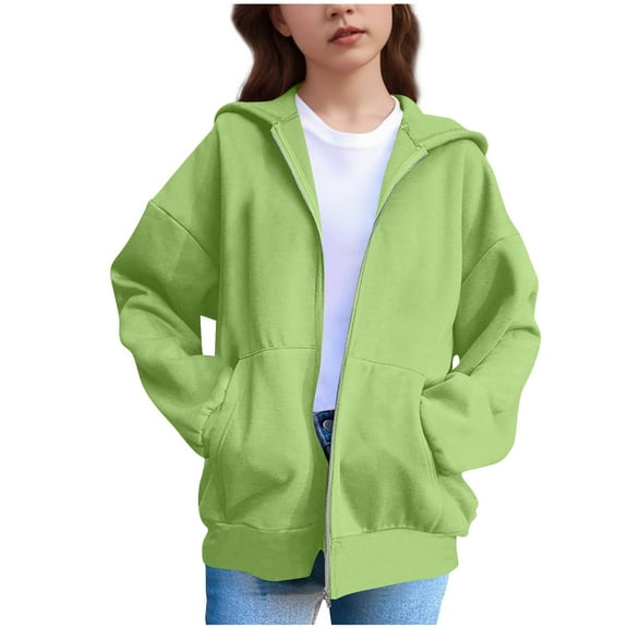 Kids Full Zip Hoodie Solid Color Fleece Hooded Sweatshirt Windproof Long Sleeve Toddler Outwear with Shoulder Inserts Green 140