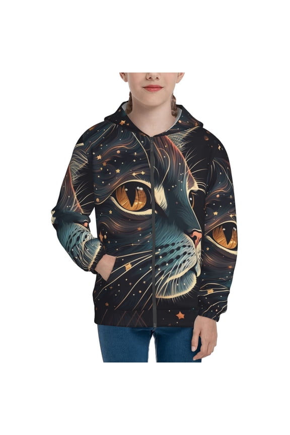 Kids Full Zip Pullover Hoodies Boys Girls Sweatshirts Jacket, Cat Face Starry Cute Kitty