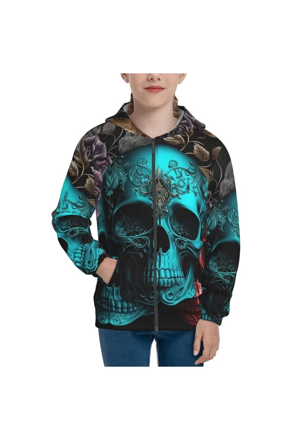 Kids Full Zip Pullover Hoodies Boys Girls Sweatshirts Jacket, Cool Skulls Gothic Day Of The Dead
