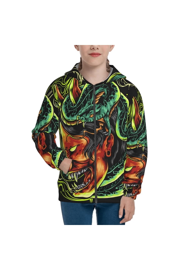 Kids Full Zip Pullover Hoodies Boys Girls Sweatshirts Jacket, Devil Snake Demon Japanese