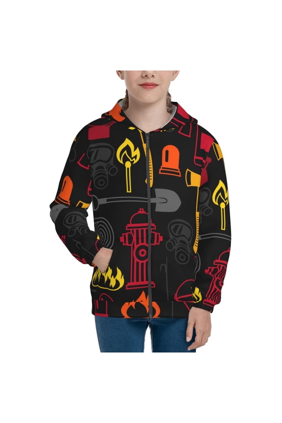 Kids Full Zip Pullover Hoodies Boys Girls Sweatshirts Jacket, Firefighting Items Fire Firefighter Fighter