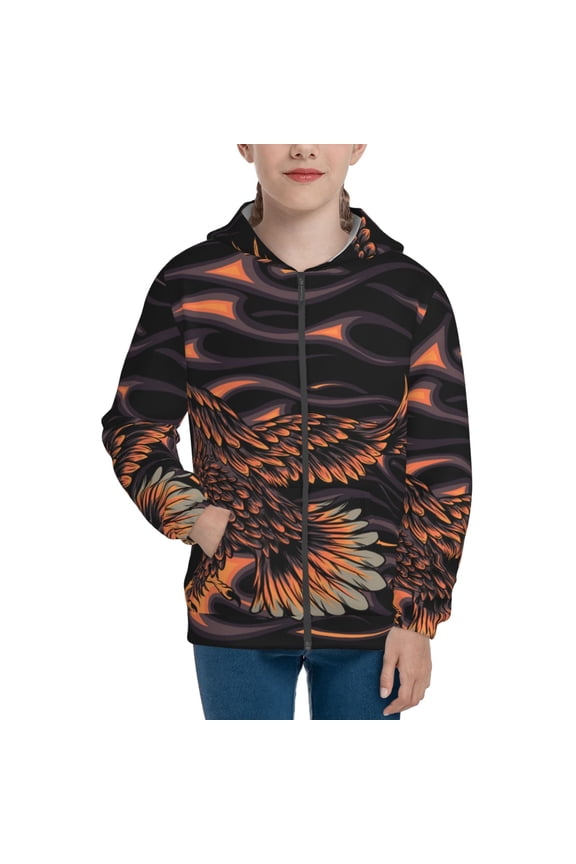 Kids Full Zip Pullover Hoodies Boys Girls Sweatshirts Jacket, Flaming Eagle Fire