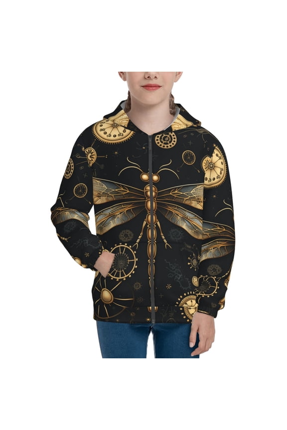 Kids Full Zip Pullover Hoodies Boys Girls Sweatshirts Jacket, Gold Steampunk Dragonfly Black Golden