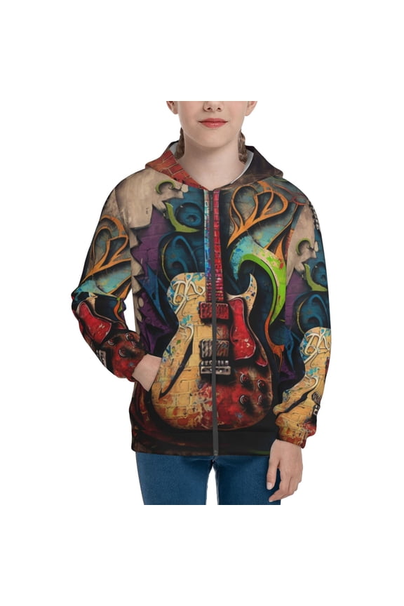 Kids Full Zip Pullover Hoodies Boys Girls Sweatshirts Jacket, Guitar Music Graffiti Street Wall Art