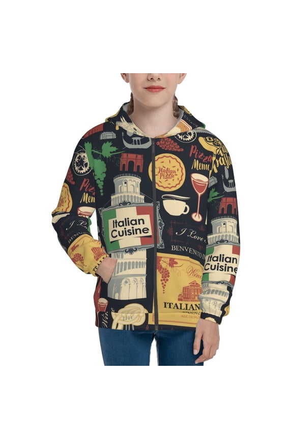 Kids Full Zip Pullover Hoodies Boys Girls Sweatshirts Jacket, Italian Cuisine Pasta Wine Pizza Retro