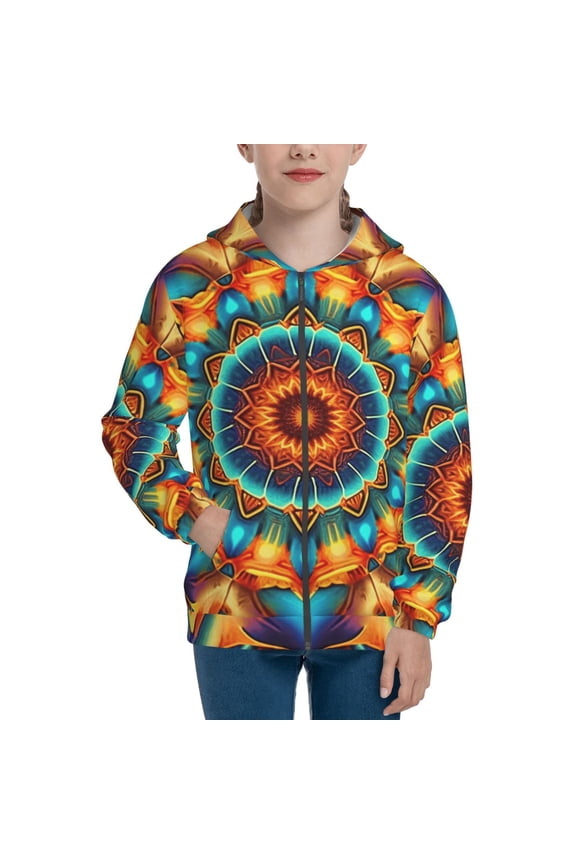 Kids Full Zip Pullover Hoodies Boys Girls Sweatshirts Jacket, Kaleidoscope Psychedelic Trippy Vintage