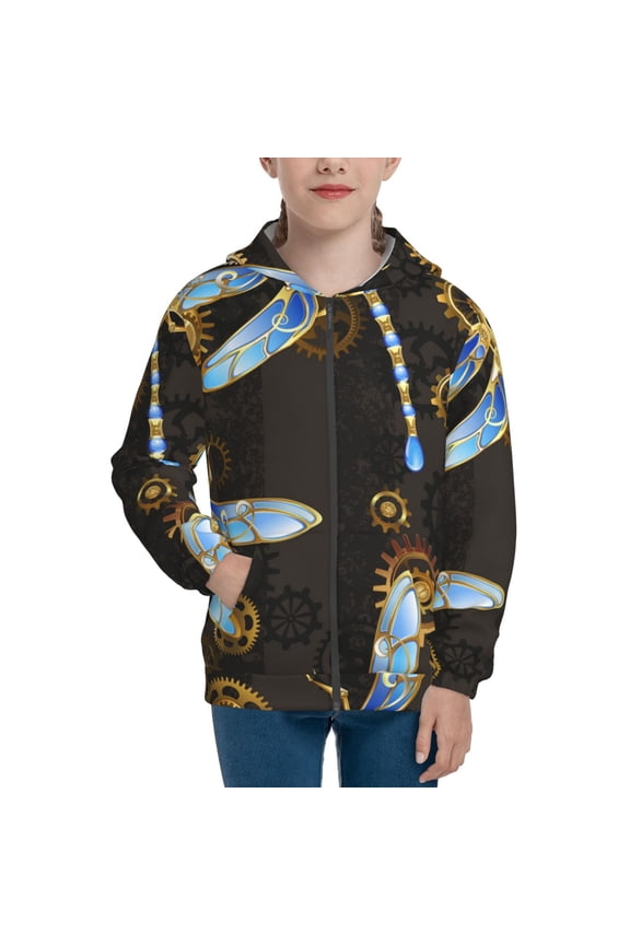 Kids Full Zip Pullover Hoodies Boys Girls Sweatshirts Jacket, Mechanical Dragonflies Gold Steampunk