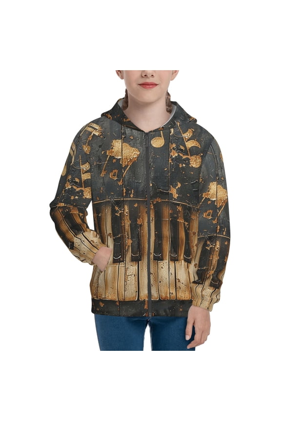 Kids Full Zip Pullover Hoodies Boys Girls Sweatshirts Jacket, Musical Notes Piano Vintage Golden