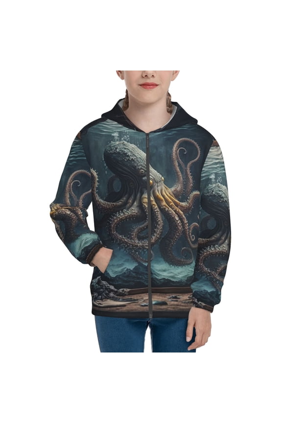 Kids Full Zip Pullover Hoodies Boys Girls Sweatshirts Jacket, Octopus Kraken Monster Vintage Cool