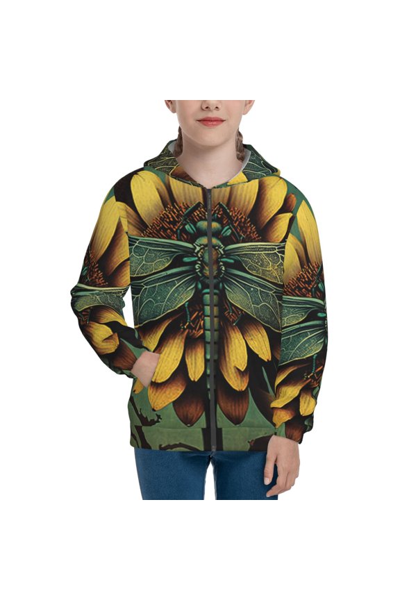 Kids Full Zip Pullover Hoodies Boys Girls Sweatshirts Jacket, Retro Dragonfly Flower Art