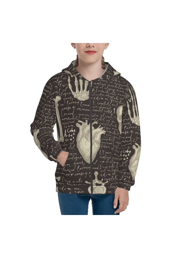 Kids Full Zip Pullover Hoodies Boys Girls Sweatshirts Jacket, Retro Pattern Human Organs And Bones