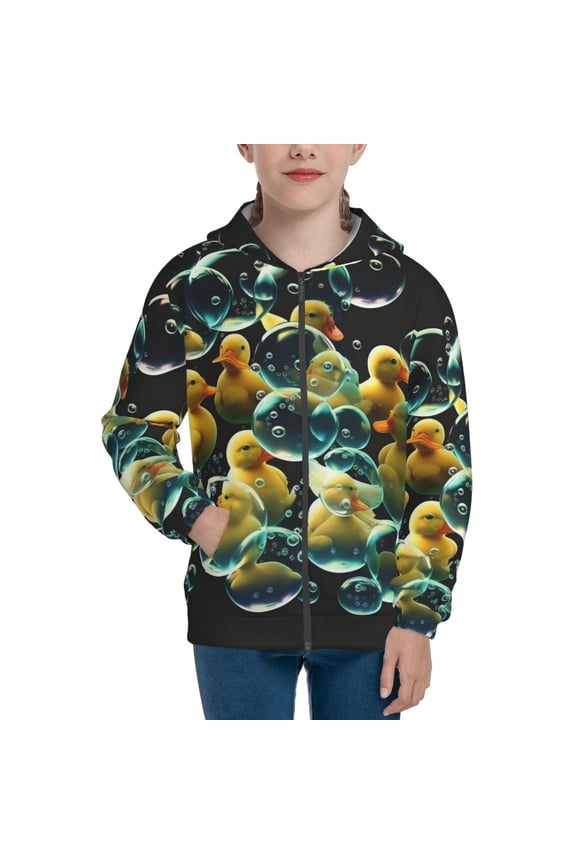 Kids Full Zip Pullover Hoodies Boys Girls Sweatshirts Jacket, Rubber Ducks In Soap Bubbles