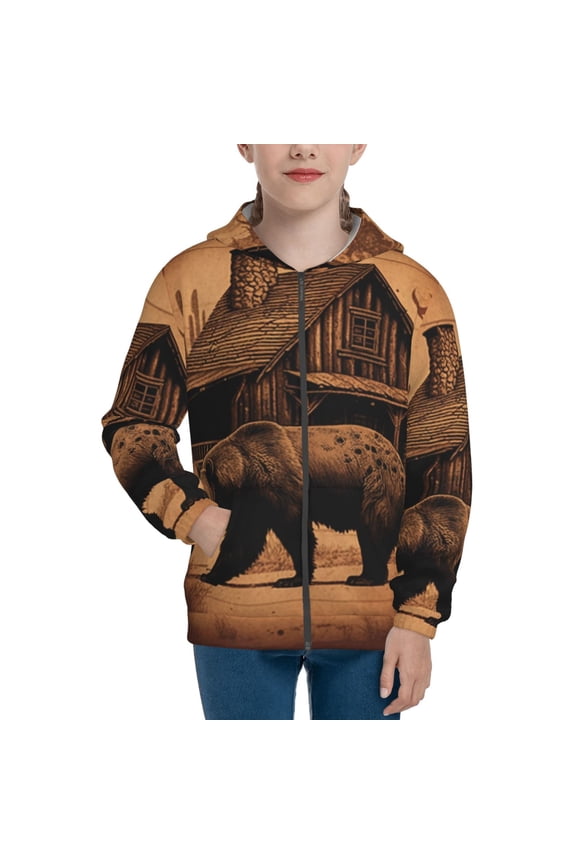 Kids Full Zip Pullover Hoodies Boys Girls Sweatshirts Jacket, Rustic Lodge Cabin Bear Southwestern Vintage