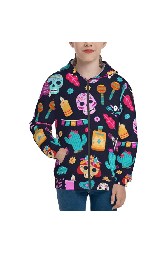 Kids Full Zip Pullover Hoodies Boys Girls Sweatshirts Jacket, Skull Day Dead Mexican Flower