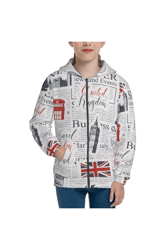 Kids Full Zip Pullover Hoodies Boys Girls Sweatshirts Jacket, Uk And London British Vintage Newspaper