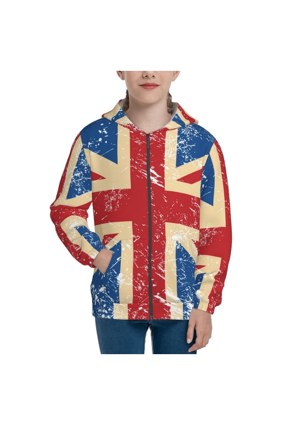 Kids Full Zip Pullover Hoodies Boys Girls Sweatshirts Jacket, Union Jack Uk Flag Retro