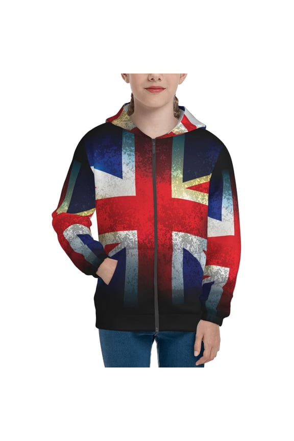 Kids Full Zip Pullover Hoodies Boys Girls Sweatshirts Jacket, Union Jack United Kingdom Flag Vintage